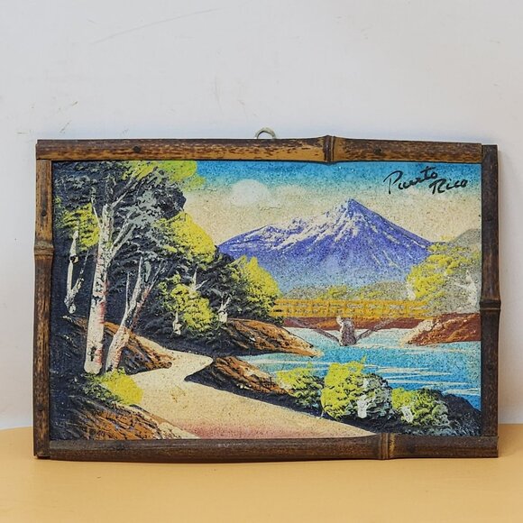 Vintage Puerto Rico Mountain Landscape 3D Picture With Bamboo Frame - Picture 1 of 7